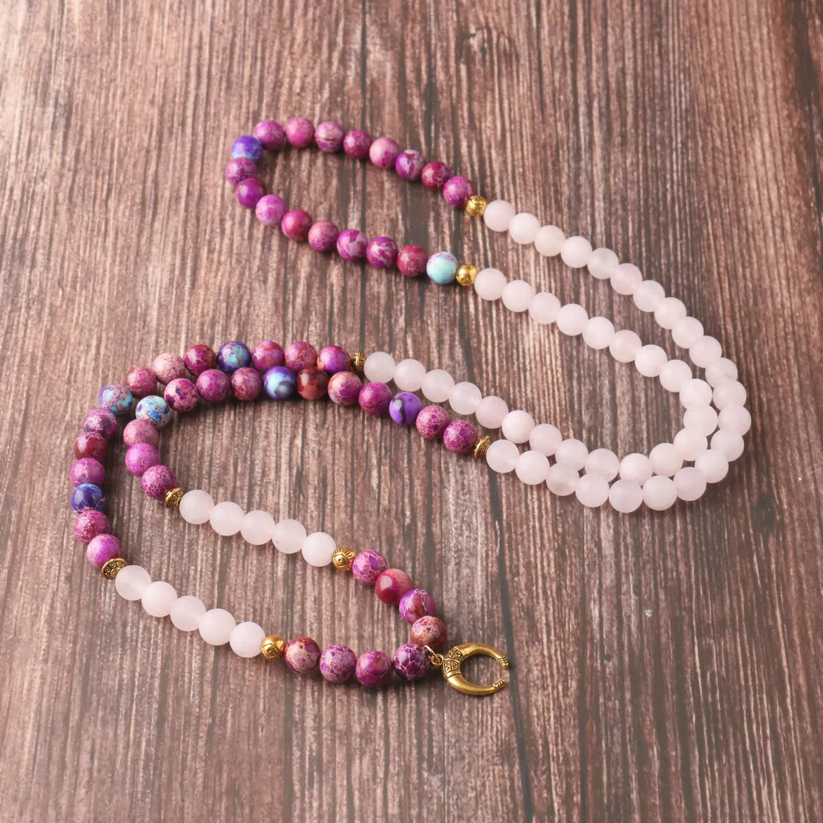 Pink crystal beads and Emperor Stone round pendant on women's personalised necklace