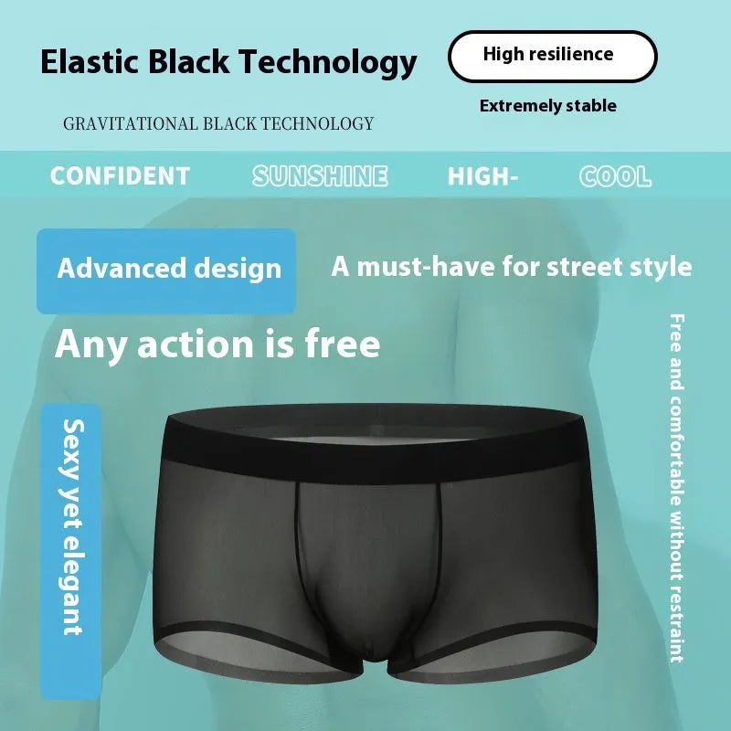 Seamless ice silk boxers for men in black with low waist and thin knit fabric