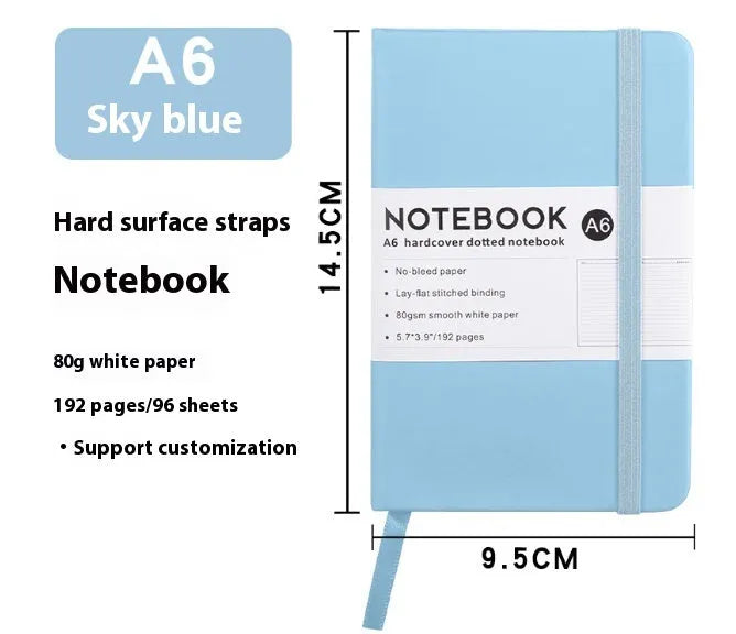 A5 office diary with hand skin feeling PU leather cover and strap closure, open to show horizontal line pages.
