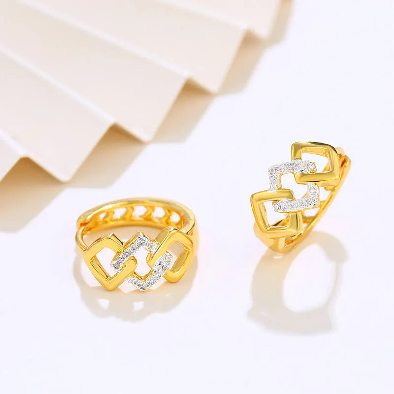 Geometric hollow-out gold earrings with colour separation style and electroplated alloy construction