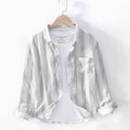 Men's loose fit long sleeve Hong Kong style shirt in blue and light grey