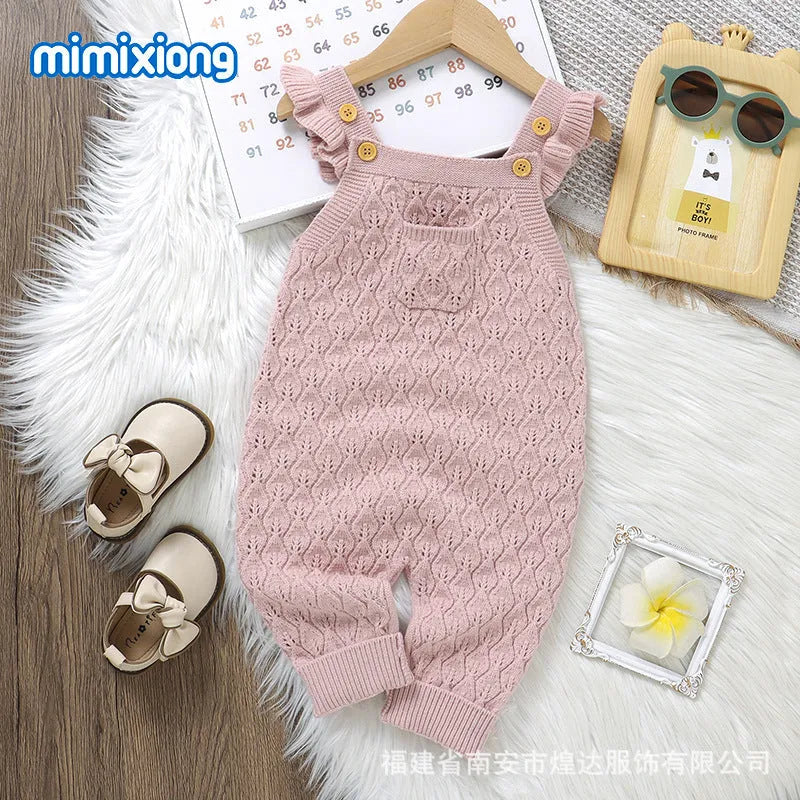 Infant girl solid colour flounced sleeve sling one-piece romper jumpsuit in green knitted polyester fabric