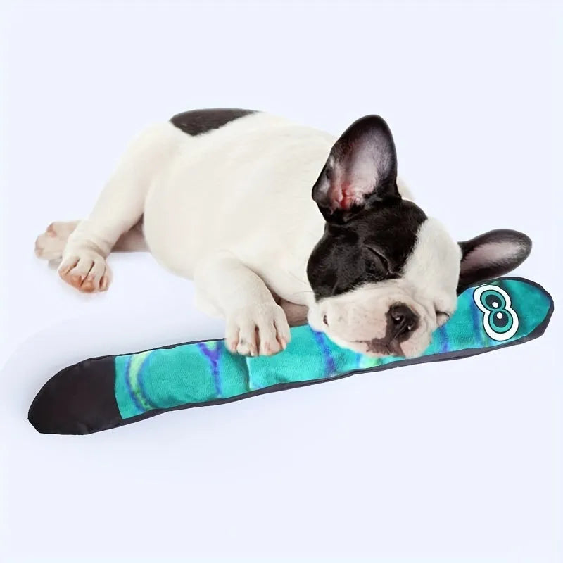 Snake-shaped plush dog squeak toy with printed stripes in multiple colour options