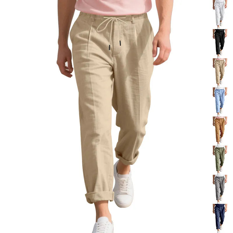 Men's linen casual trousers in army green with drawstring waist and straight leg design