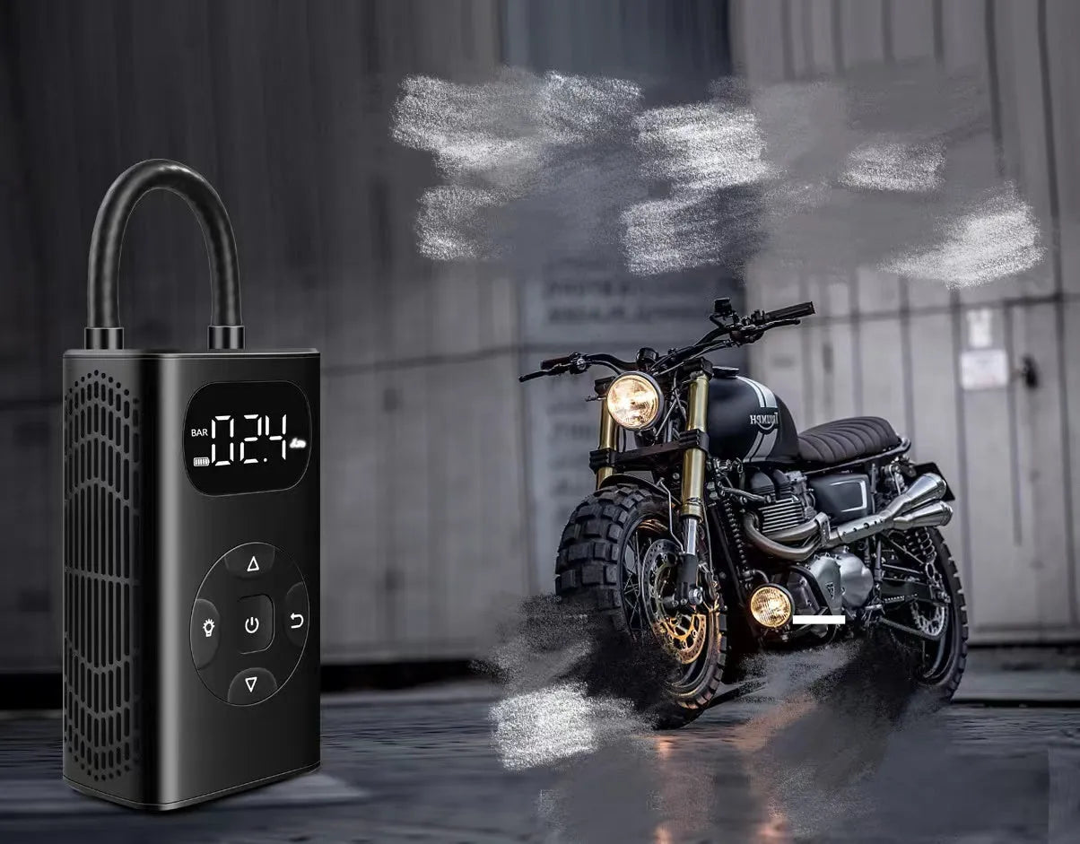 Black M09X portable tyre inflator power bank with aviation aluminium alloy construction and USB charging port