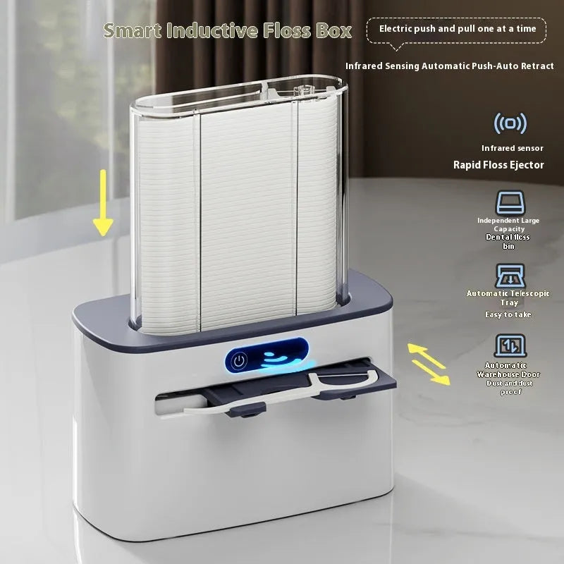 Intelligent induction automatic dental floss box in dark grey, gold, or light grey with rechargeable battery.