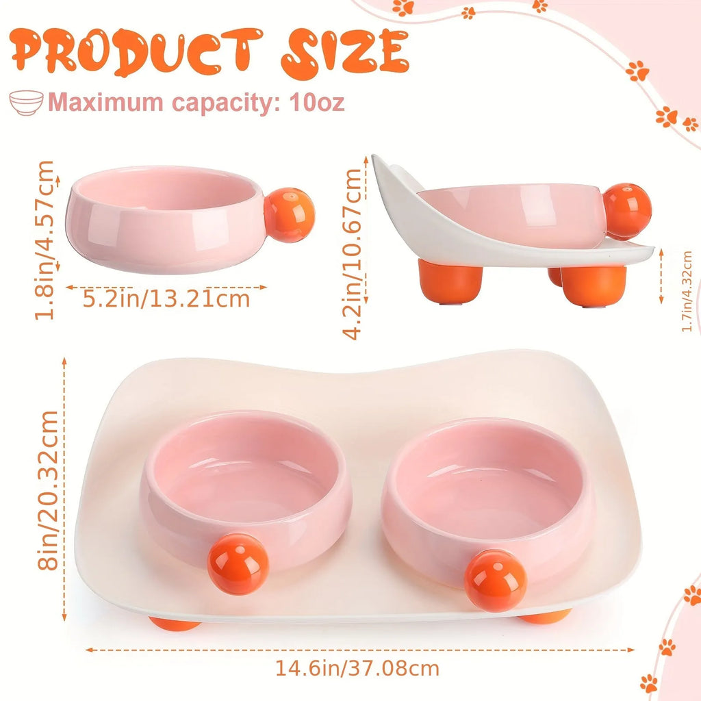Ceramic raised pet bowl set with two bowls on non-slip base for cat food and water