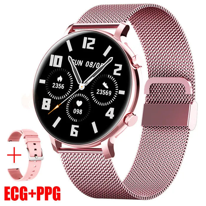 Black Bluetooth smartwatch with stainless steel strap showing call screen and health metrics