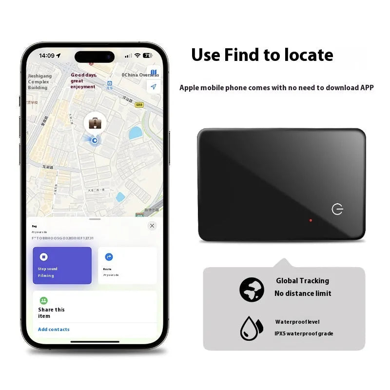 Black pet tracking device with wireless charging and NFC features measuring 85mm by 54mm
