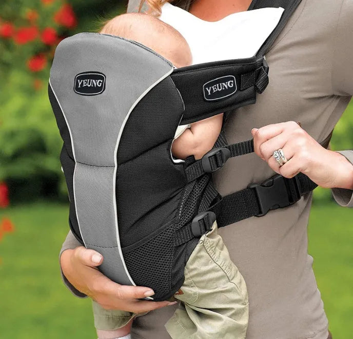 Double-shoulder baby carrier in red colour showing face-to-face carrying position