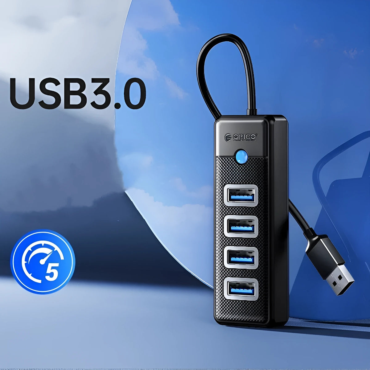 Black ABS 4-port USB 3.0 hub with USB-A input and multiple cable lengths for notebooks