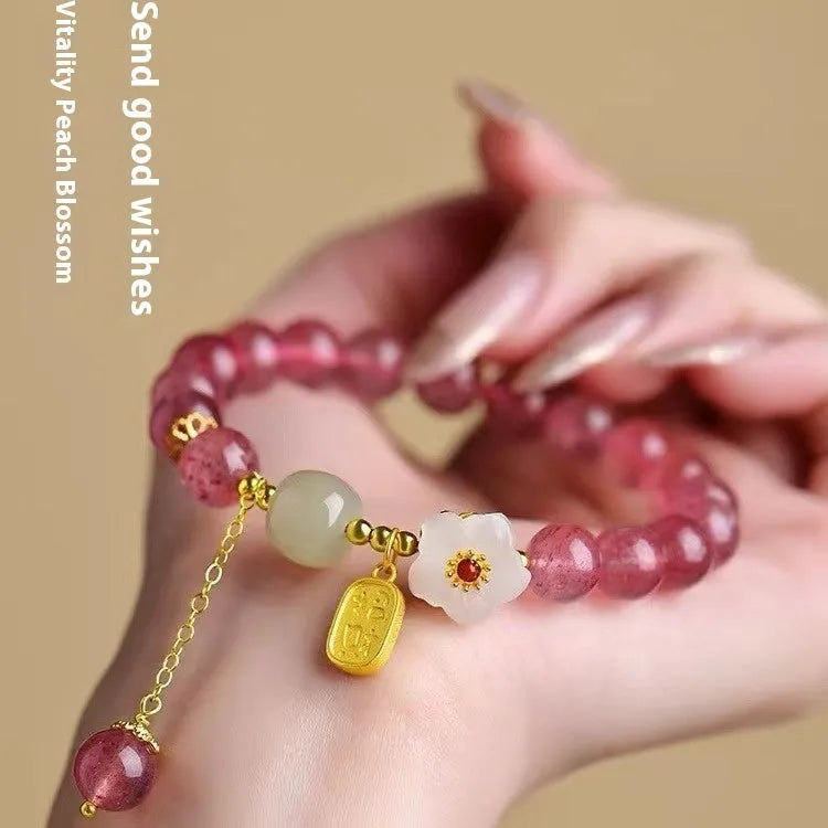 Handmade strawberry quartz crystal bracelet for girls with natural crystal beads and moon charms
