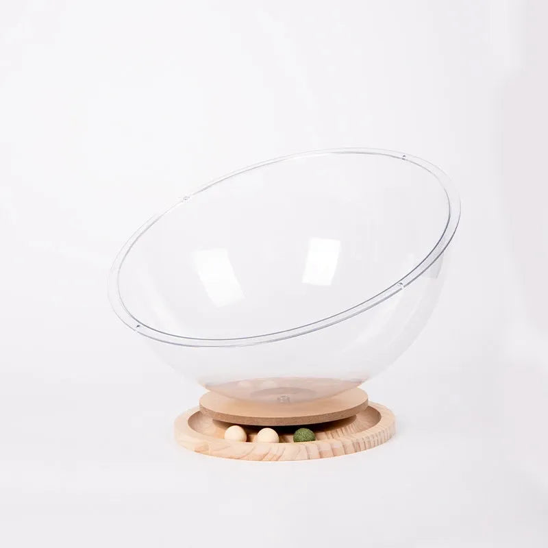 Transparent acrylic space capsule turntable cat bed enclosure shown in clear material with turntable base
