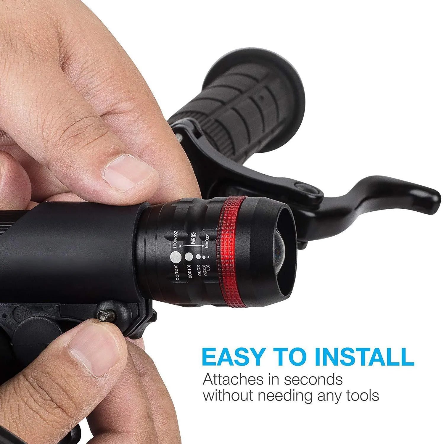 Bicycle front headlight and rear taillight set with mounting bracket on a handlebar