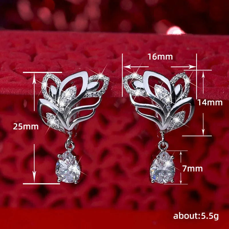 Leaf inlaid drop zircon earrings for women, copper floral design with platinum finish, white gold colour option
