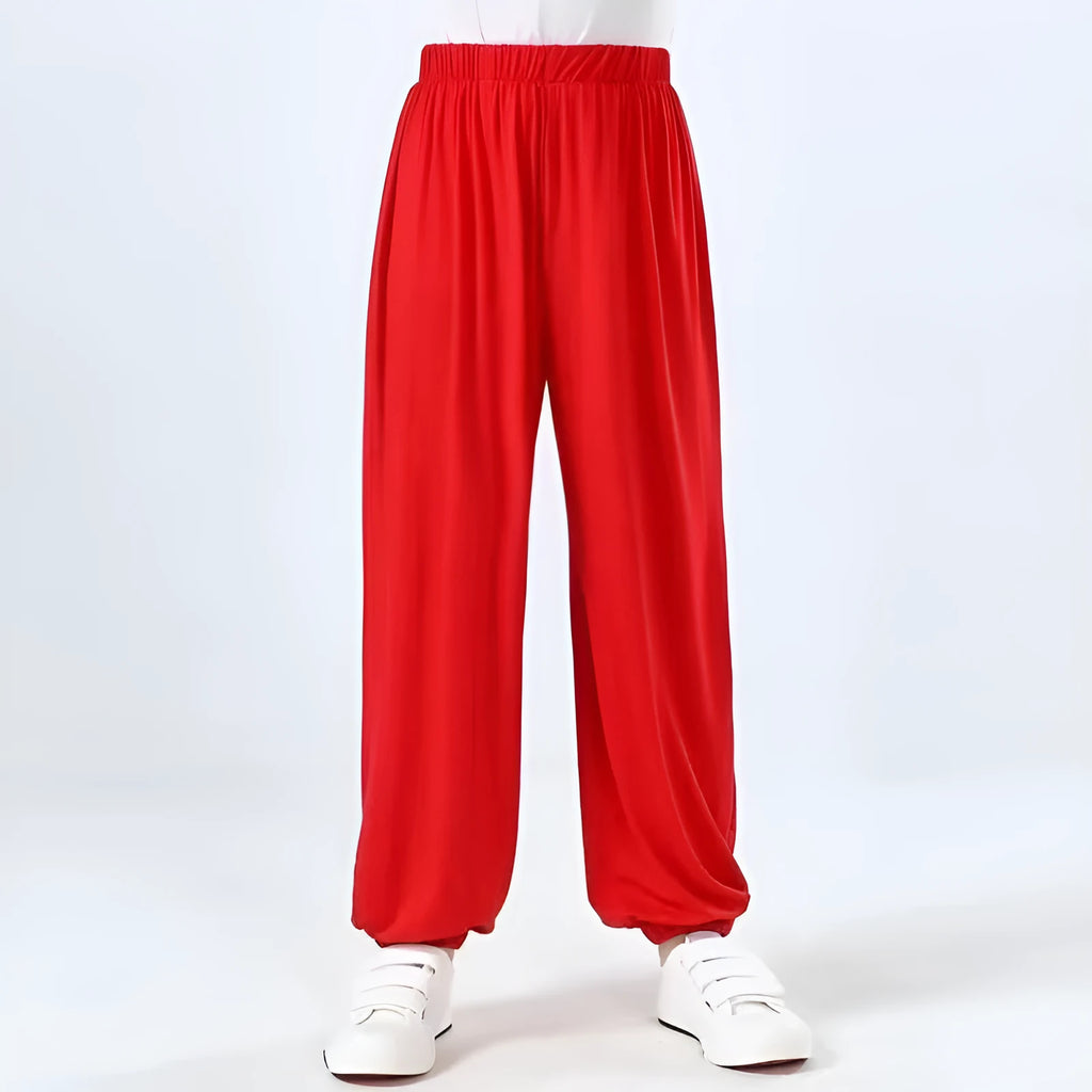 Children's black high elasticity Sanda martial arts practice pants made from Lycra.
