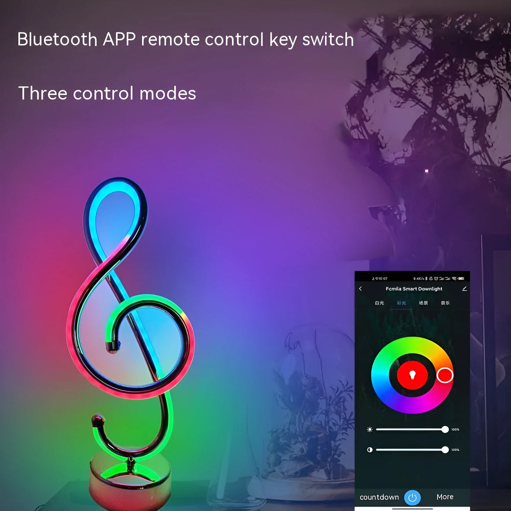 Black musical note shaped Bluetooth RGB lamp with remote control for bedside or sofa lighting.