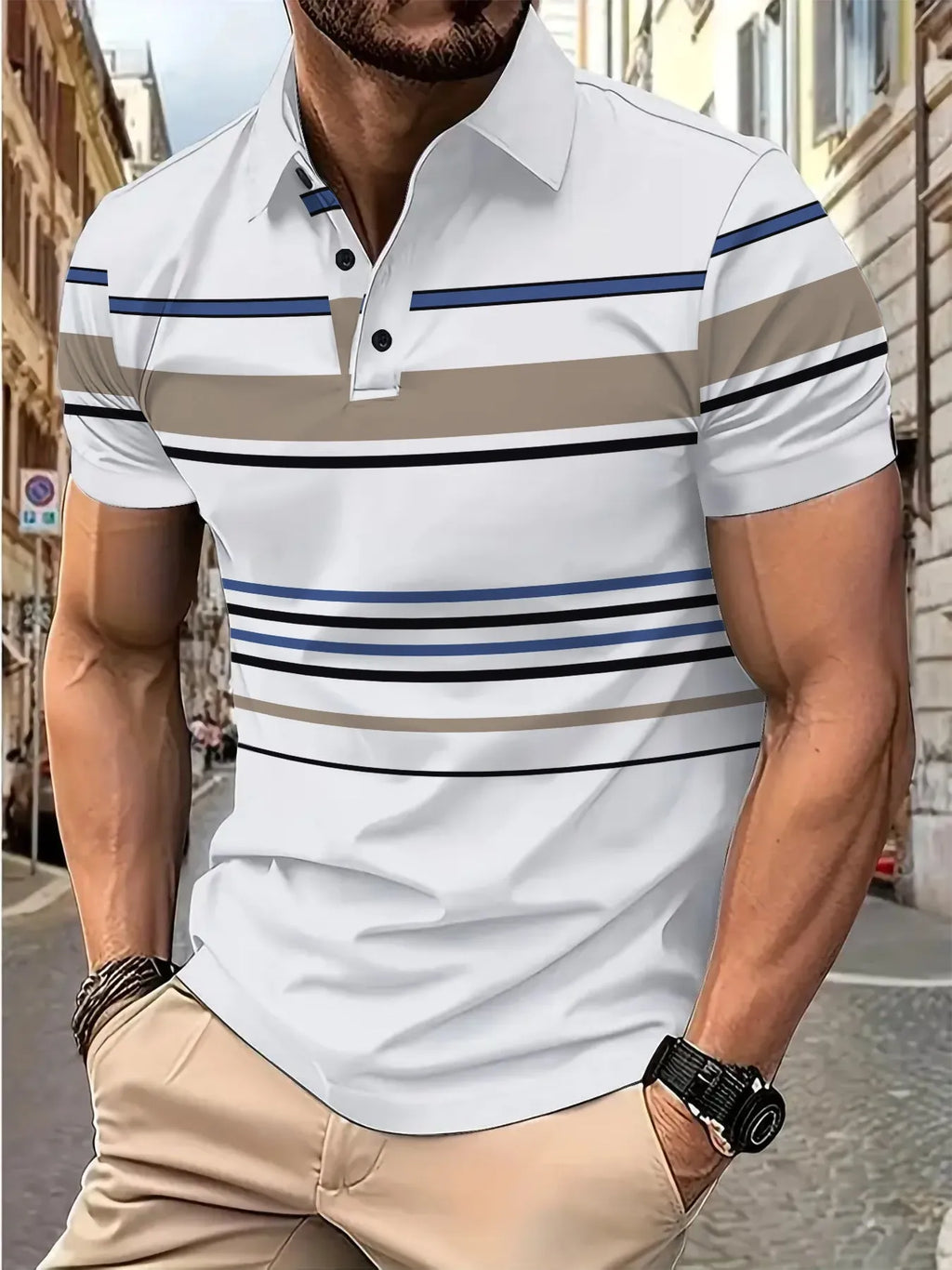 Men's white striped short sleeve slim fit T-shirt on hanger