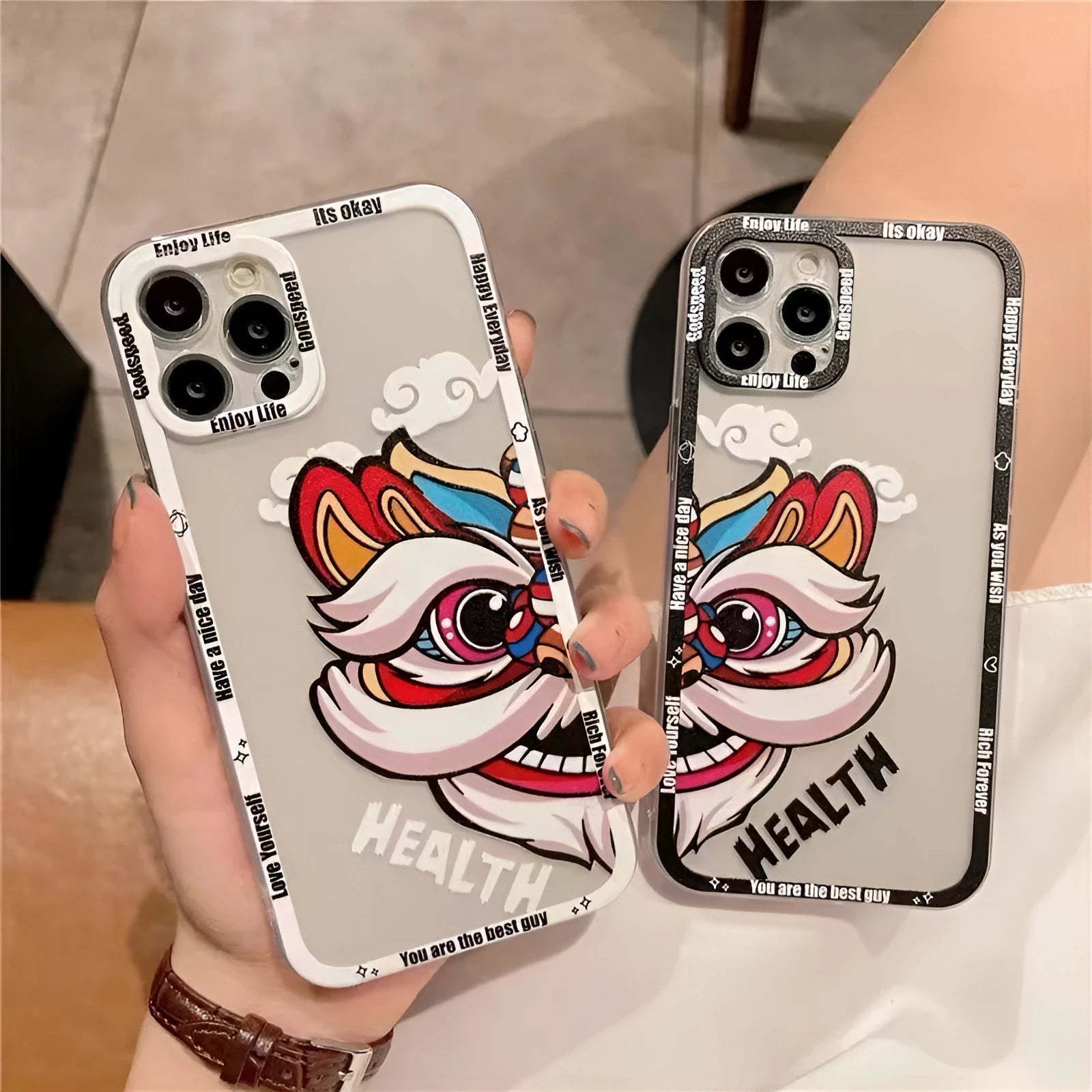 Lion dance painted TPU phone case with straight edge transparent back, Angel Eyes design, black frame, for Apple iPhone