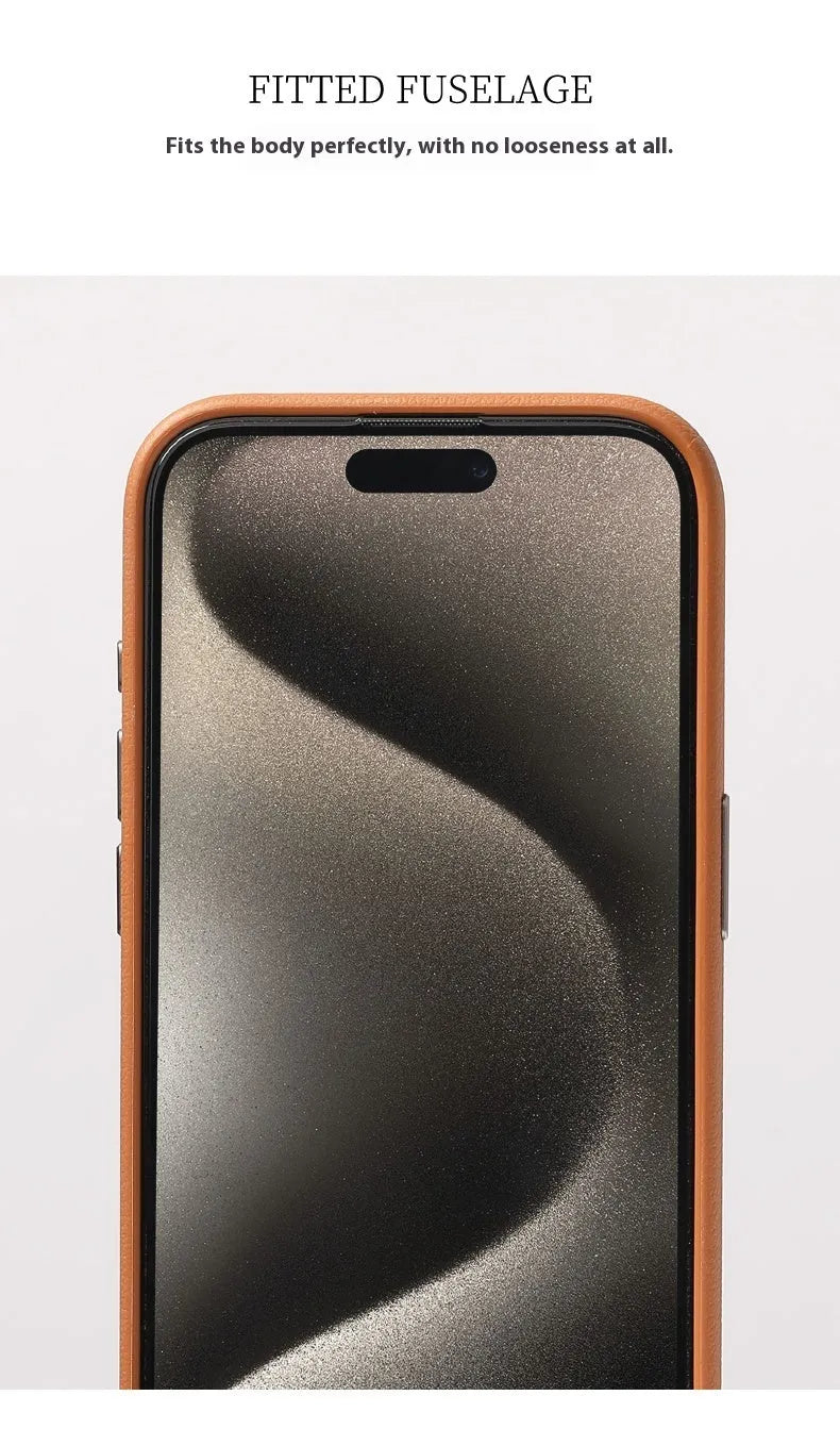 Genuine leather MagSafe iPhone case with integrated metal alloy lens protector in black colour.