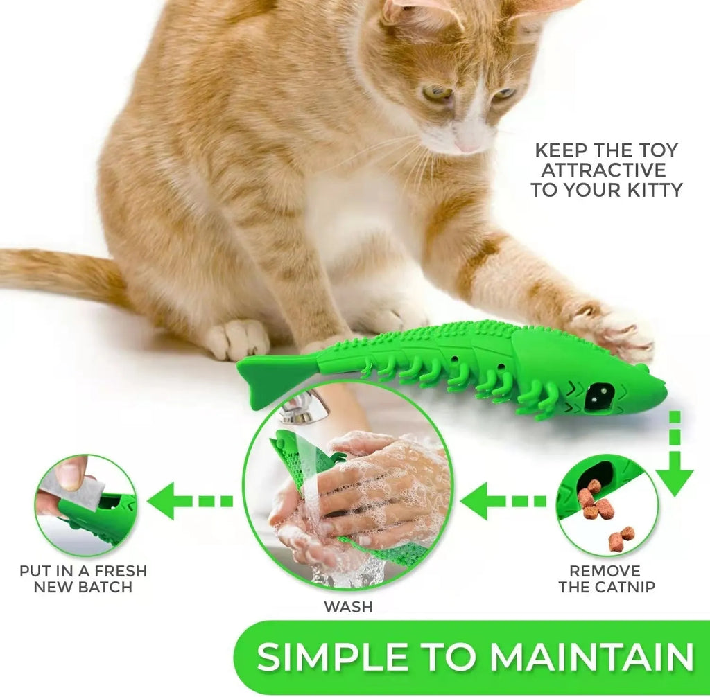 Blue hard rubber cat toy with textured surface for dental cleaning, featuring catnip and a bell inside.