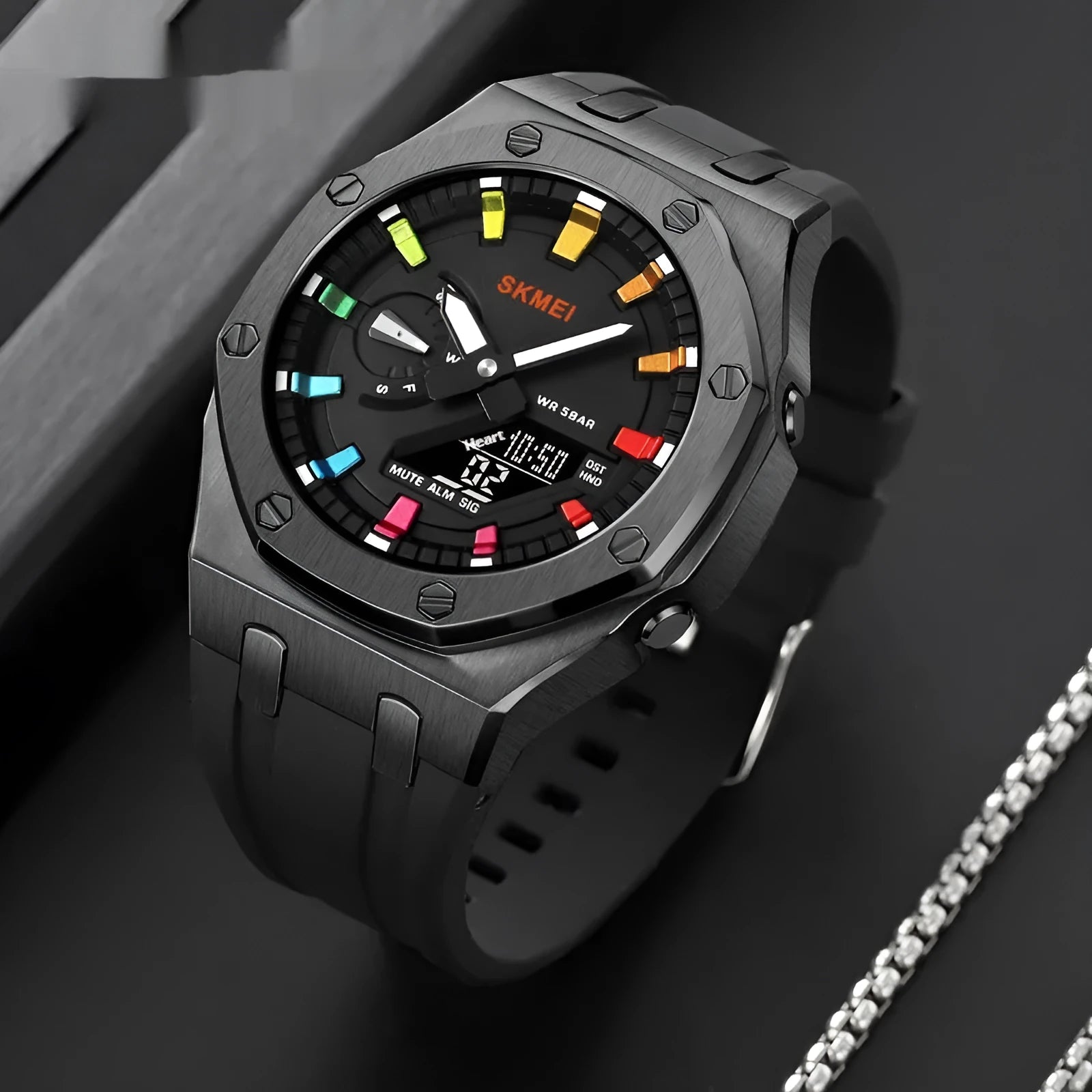 Multifunctional sports waterproof luminous electronic watch with circular dial, silicone strap, and LED display