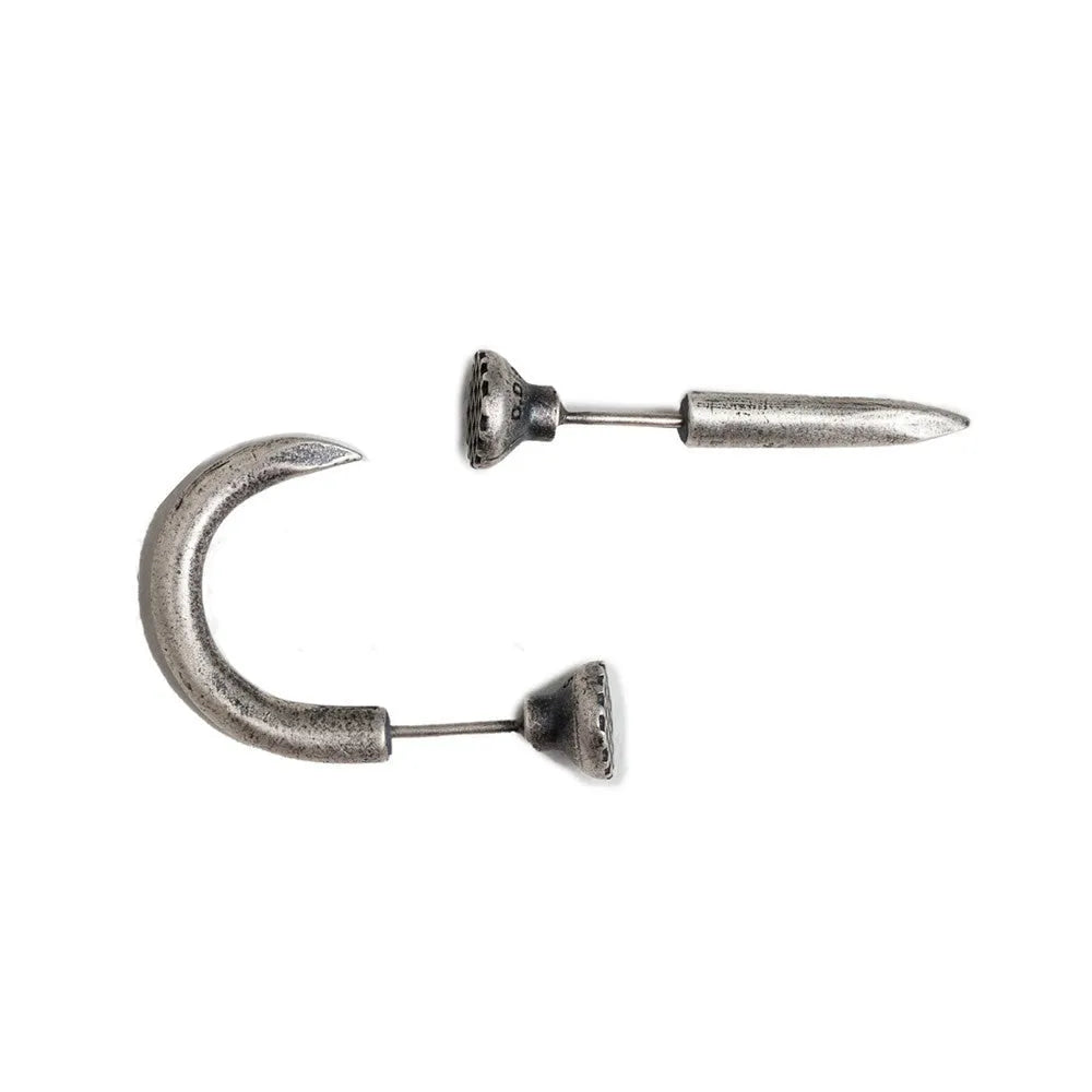 S925 sterling silver nail stud earring on ear hook, straight and curved style shown.