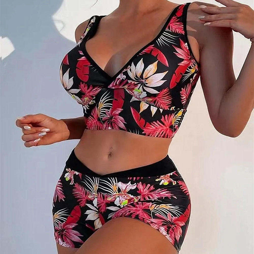 Women's two-piece printed boxer briefs swimsuit set in a multi-colour design