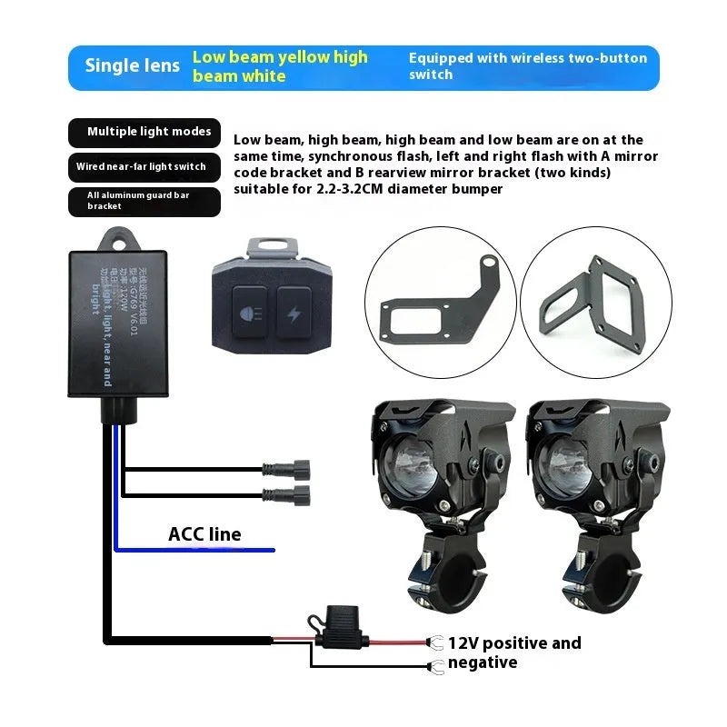 Motorcycle LED spotlight with bracket and remote switch for far/near beam control