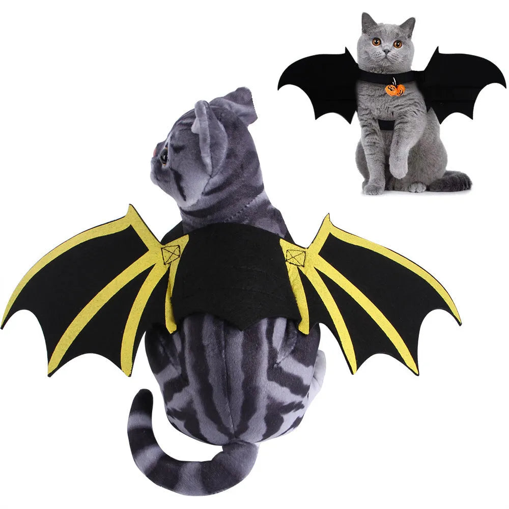 Cloth dog or cat costume with printed bat wings and optional bell, available in sizes S, M, and L.