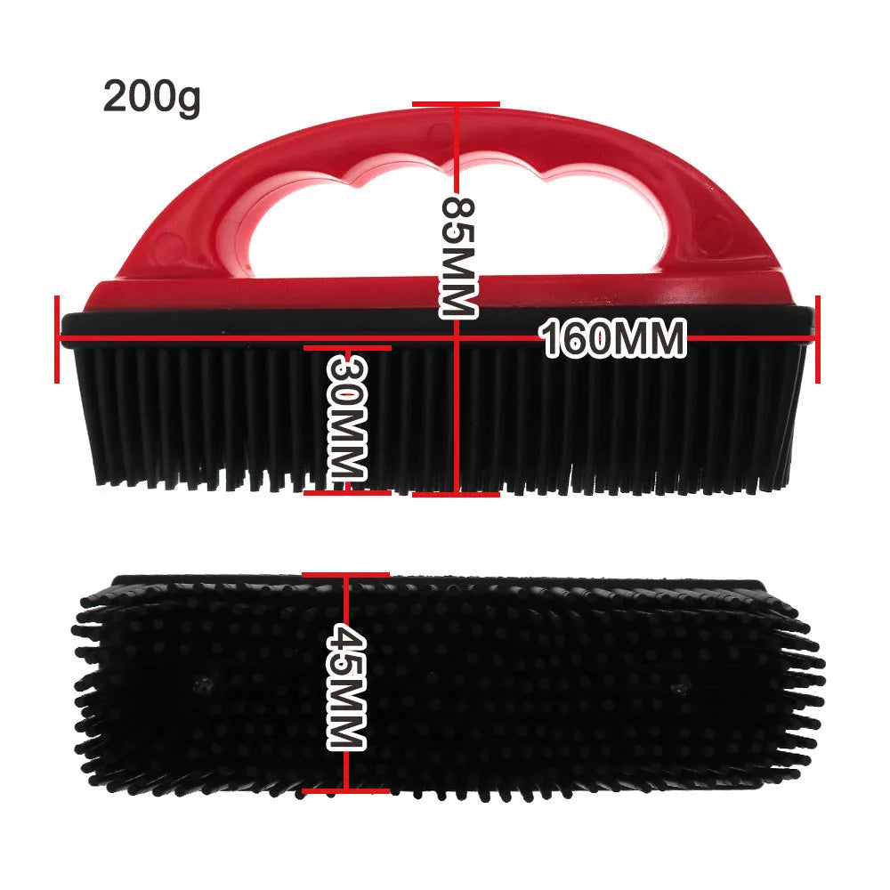 Red pet hair removal brush with rectangular rubber bristle head for grooming and carpet cleaning