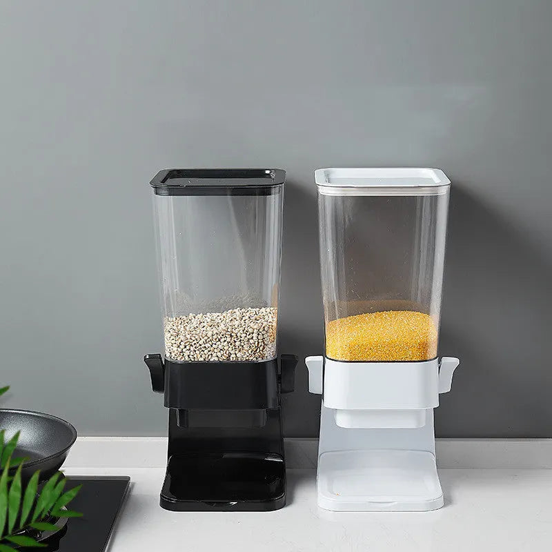 Countertop cereal dispenser in black or white with chute opening, twin levers and 5.5 quart container