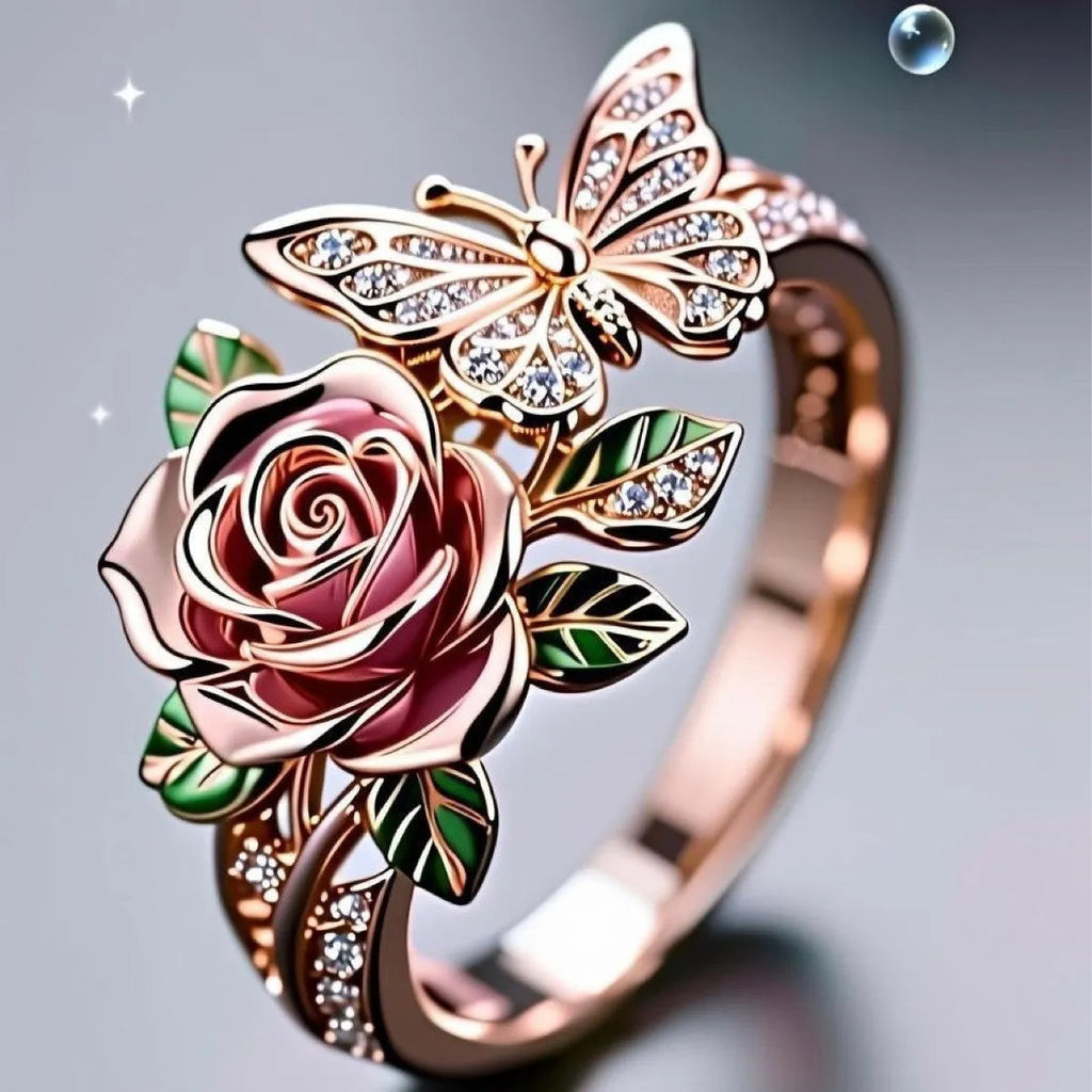Adjustable fairy style butterfly ring with colourful oil droplet finish and rose leaf insect design