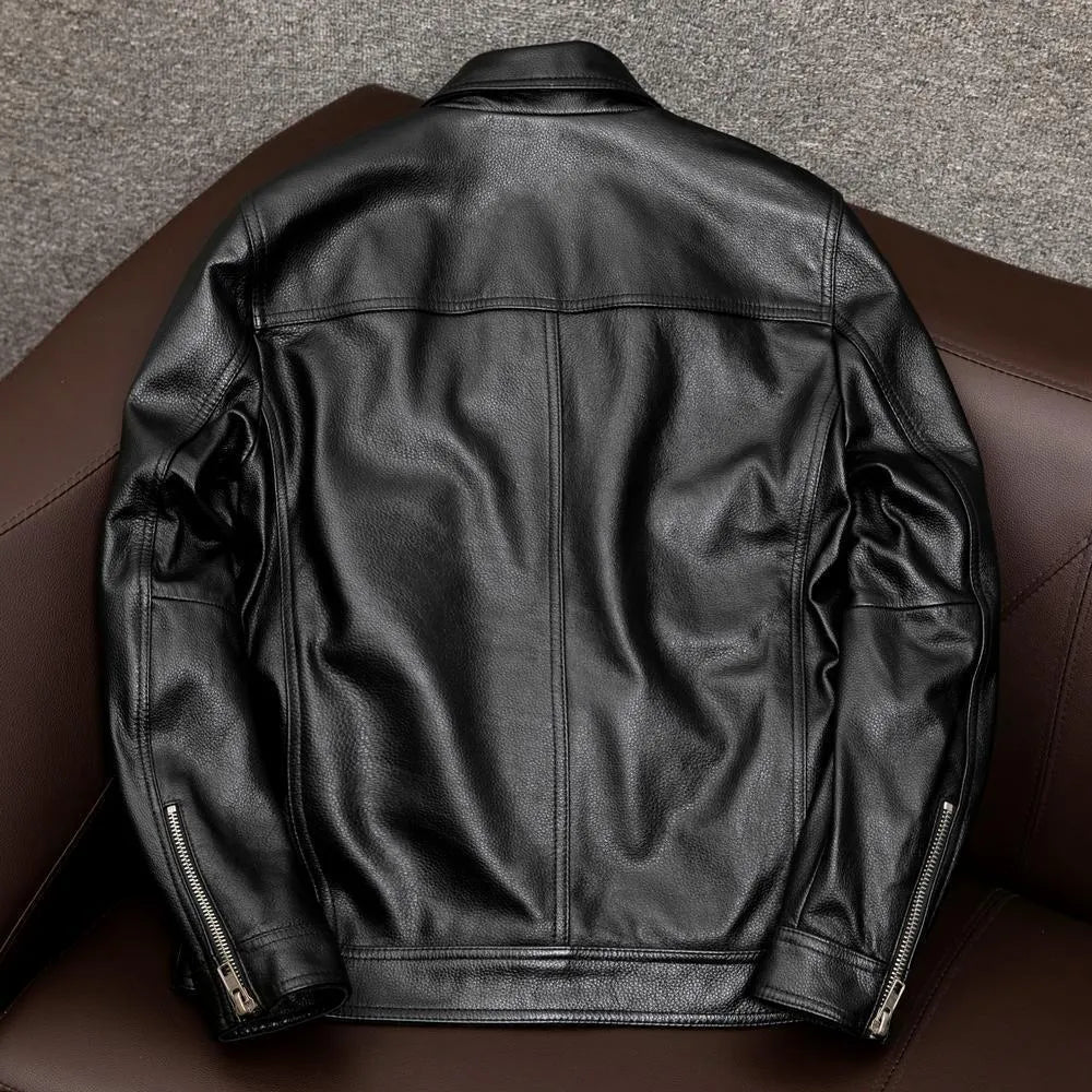 Men's black retro Kaji style PU leather jacket with side seam pockets and loose fit