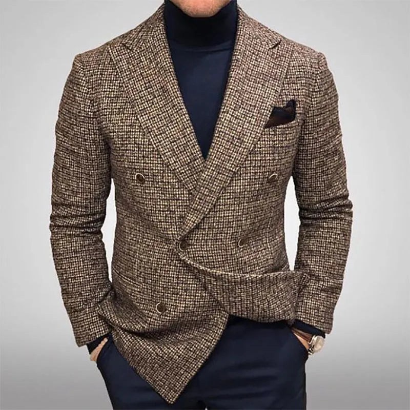 Men's loose casual plaid jacket in gray with side pockets, knitted polyester fabric, slim fit