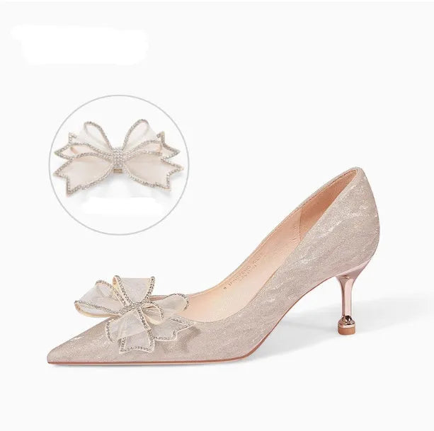 Champagne crystal sequin pointed stiletto heels with low-cut vamp for wedding banquets