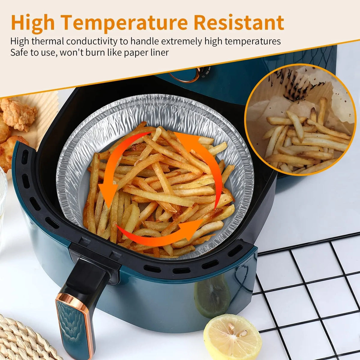 Non-stick aluminium foil air fryer liner, round 8 inch deep plate, disposable oil-proof tray with 4 cm edge