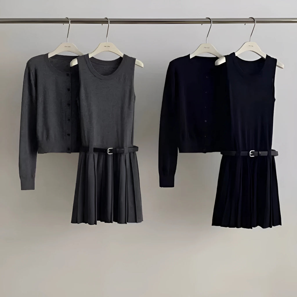 Grey art retro knitted vest skirt and long-sleeved cardigan two-piece set for women.