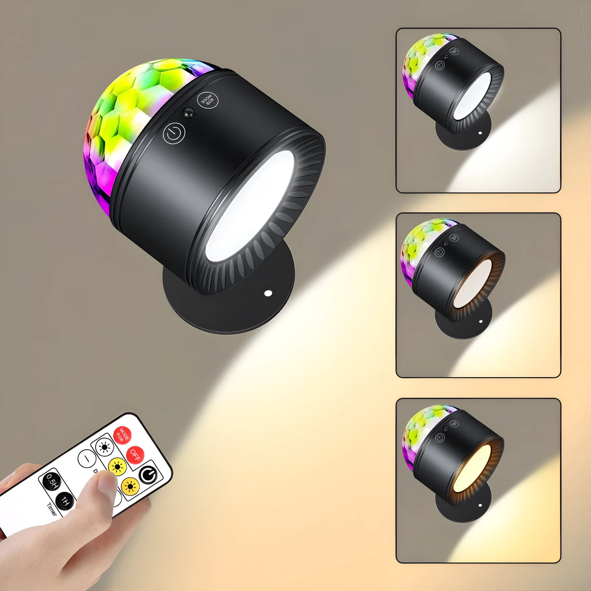 Black rechargeable magnetic suction LED wall lamp with remote control on wall, three colour temperature settings