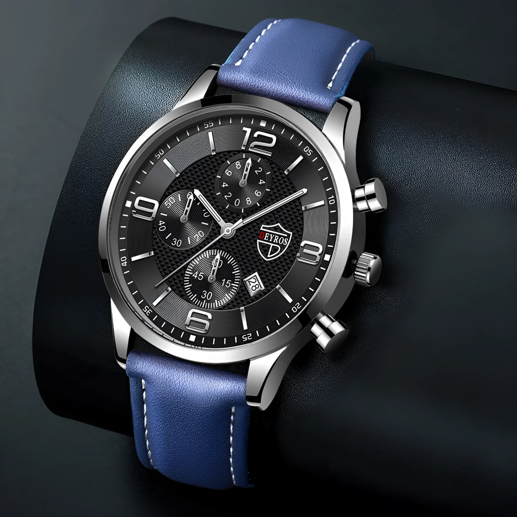 Men's calendar quartz watch with round alloy case, mineral glass mirror, black dial, and black strap