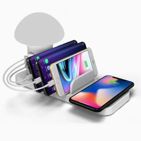 White 3-port USB charger bracket with wireless charging pad and LED desk lamp, QC 3.0 fast charging base