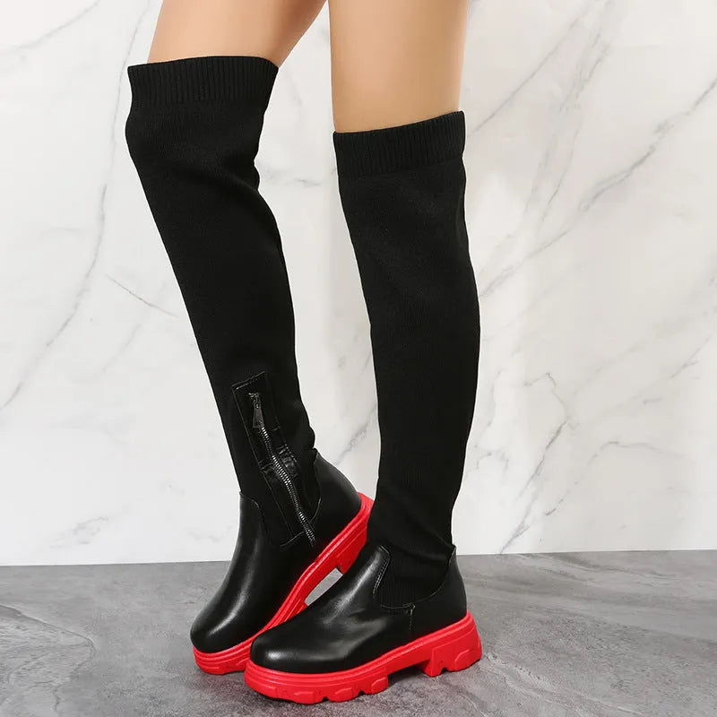 Women's knee high boots in black or red with side zipper, 3-5 cm square mid heel, artificial PU upper, and rubber sole.