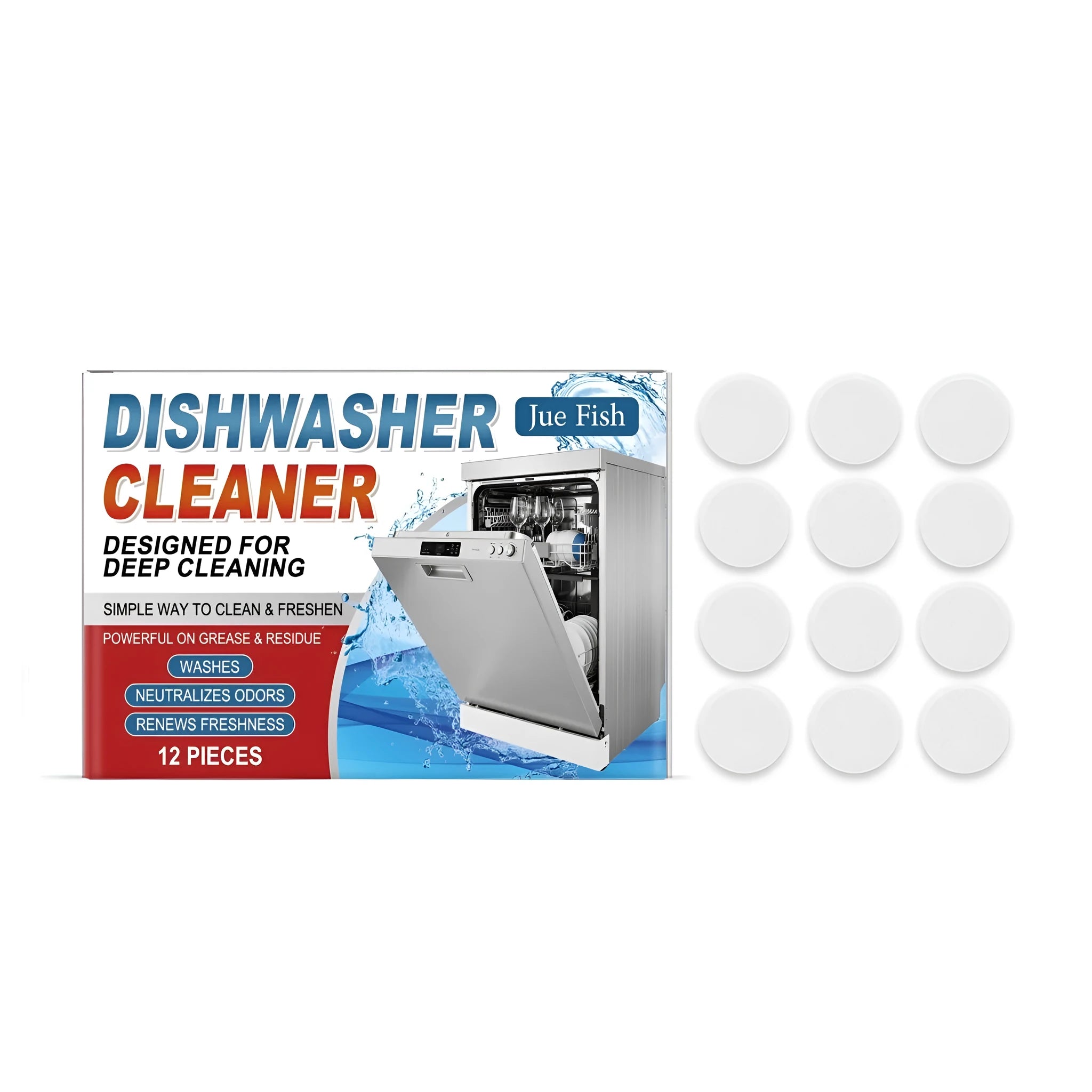 Box of 12 white dishwasher cleaning tablets for appliance maintenance