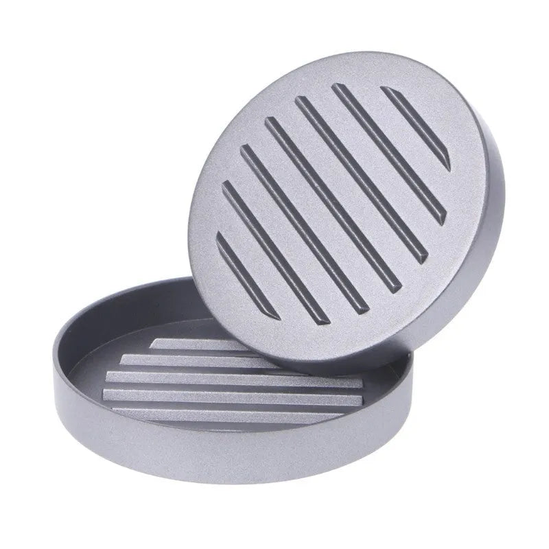 Single burger press in aluminium die casting, 12 x 12 x 9 cm, with base and handled press plate for meatloaf and barbecue use