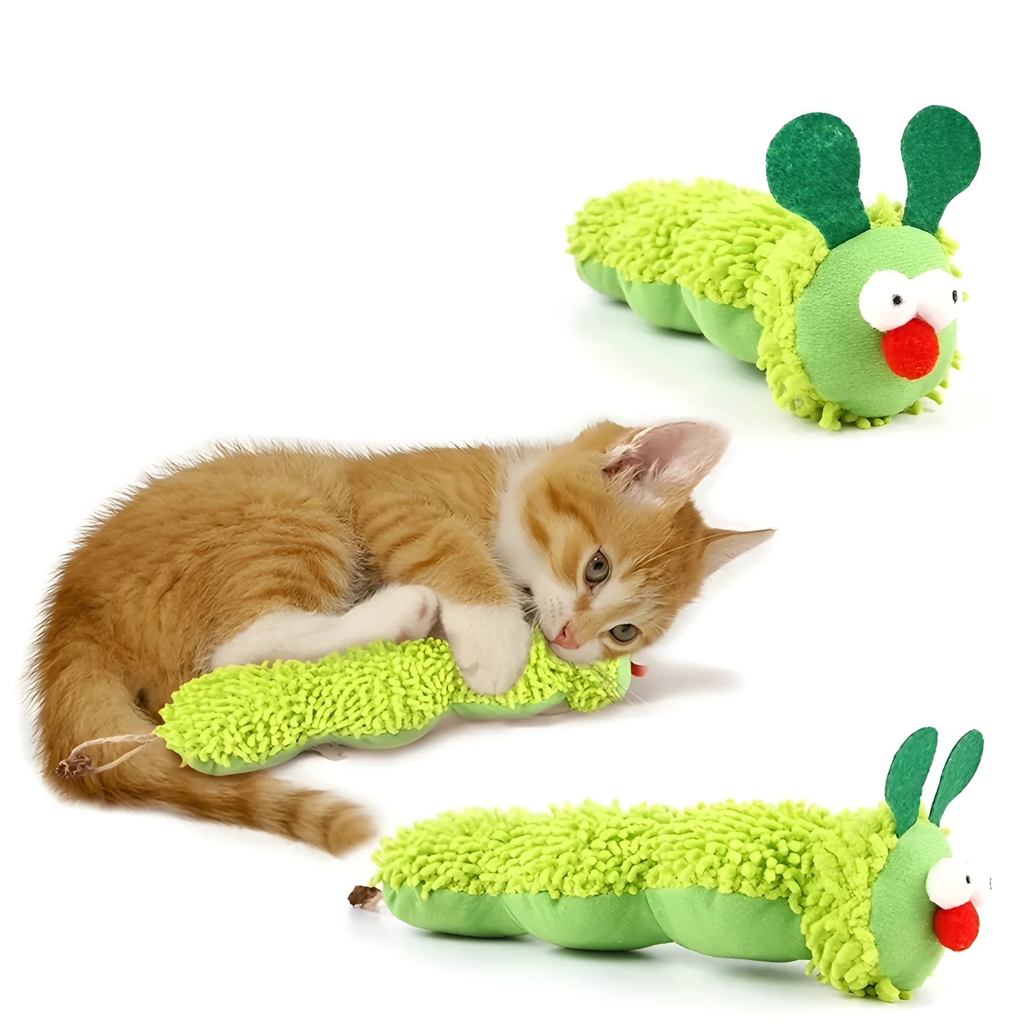 Green interactive plush cat toy pillow with sports design, measuring 24x11x5cm