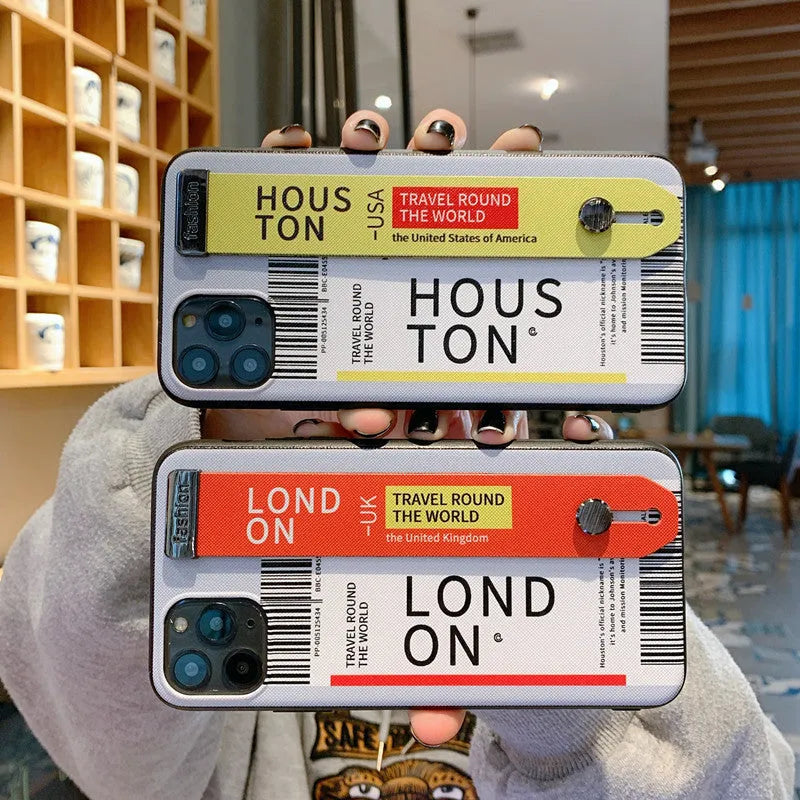 Red TPU and PC iPhone case with a built-in wristband, shown next to violet and yellow colour options.