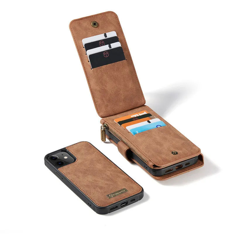 Imitation leather split flip case for Apple iPhone in black showing flip cover and machined finish
