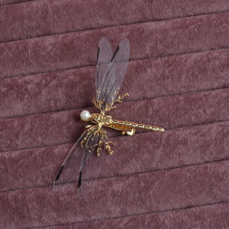 Golden dragonfly shaped side clip headdress for women with electroplated finish