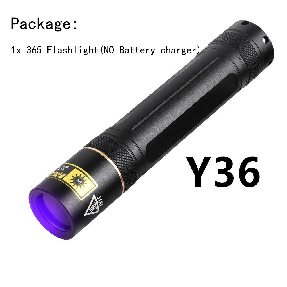 Y36 and 8006 model 365nm ultraviolet flashlights for fluorescent detection and anti-counterfeiting.