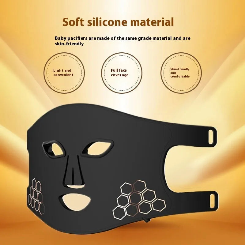 Black photon beauty mask with LED lights for facial and neck treatment with adjustable gear settings